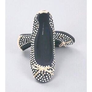 Stuart Weitzman Fannie Tara Flat, Size Girl US 2, Black/Multi Studs Formal Shoes